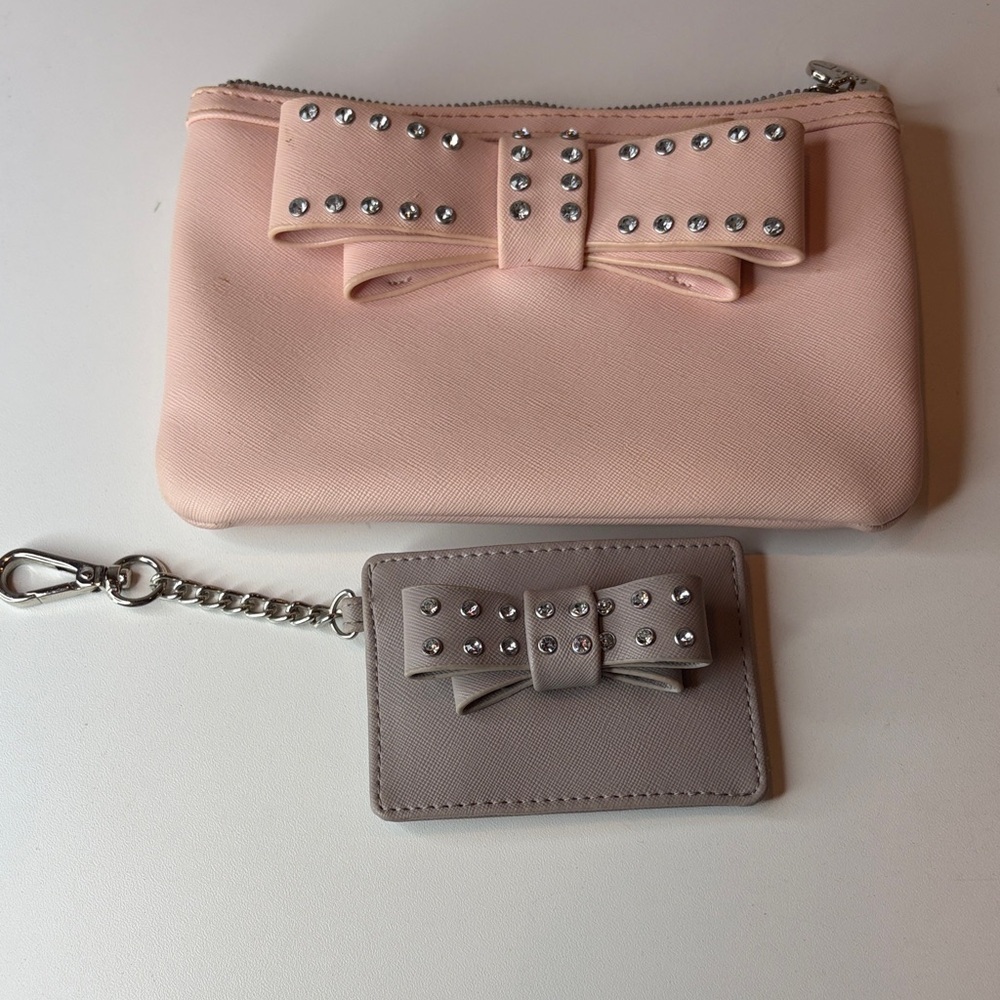 Betsey Johnson Faux Leather Pink Sparkle Bow Clutch and Cardholder Set - Picture 9 of 9